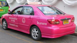 One of the many colorful Bangkok taxis 